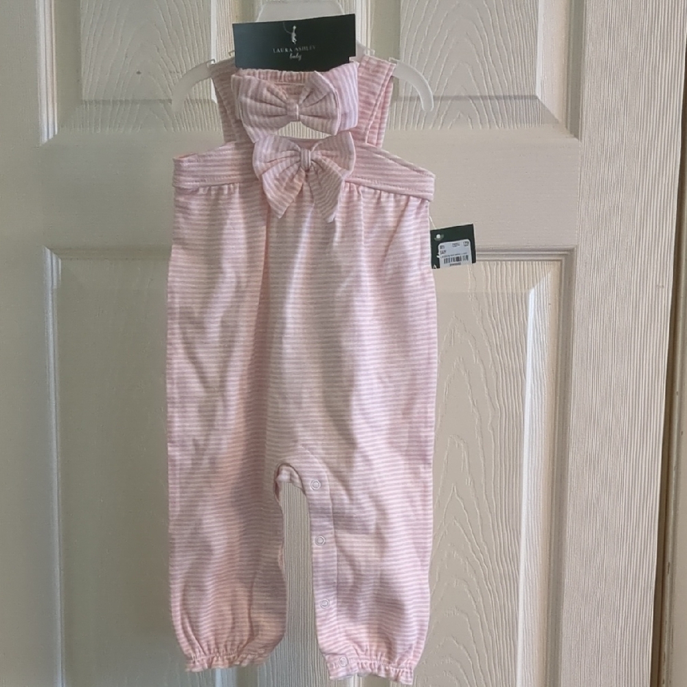 LAST CHANCE! Laura Ashley Pink Striped Romper Incl. Bow Headband